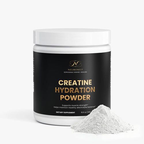 NeuroSelf Creatine Hydration Powder for muscle building, shown in a container with the label and scoop on a white background.