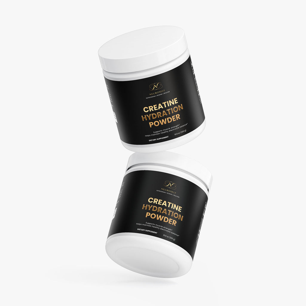 NeuroSelf Creatine Hydration Powder for muscle building, featuring a labeled container with scoop and supplement details.