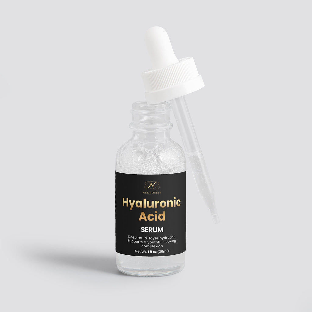 NeuroSelf hyaluronic acid serum bottle for facial skincare, featuring a clear dropper and label on a white background.