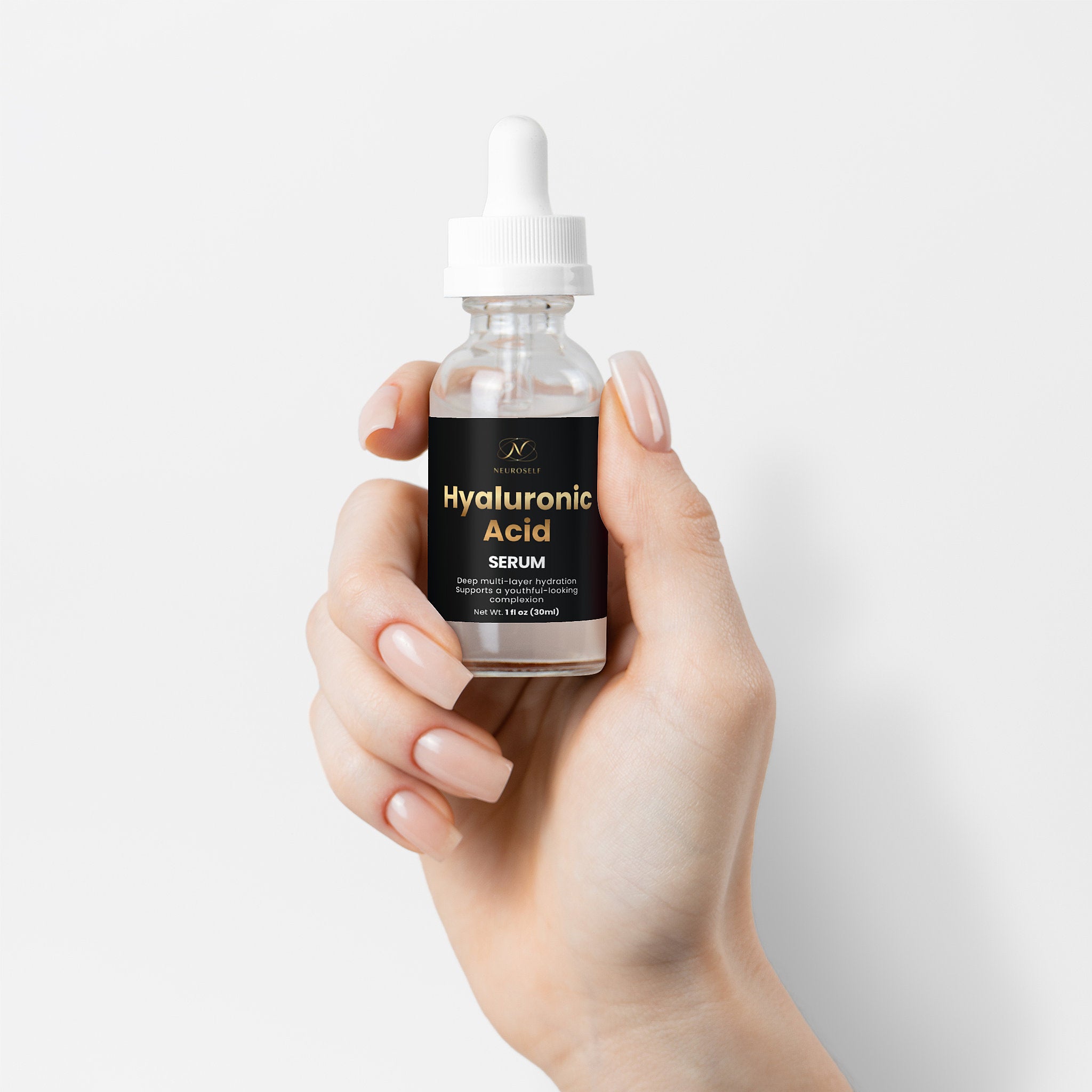 NeuroSelf Hyaluronic Acid Serum bottle with label, facial skincare product for hydrating and plumping skin.