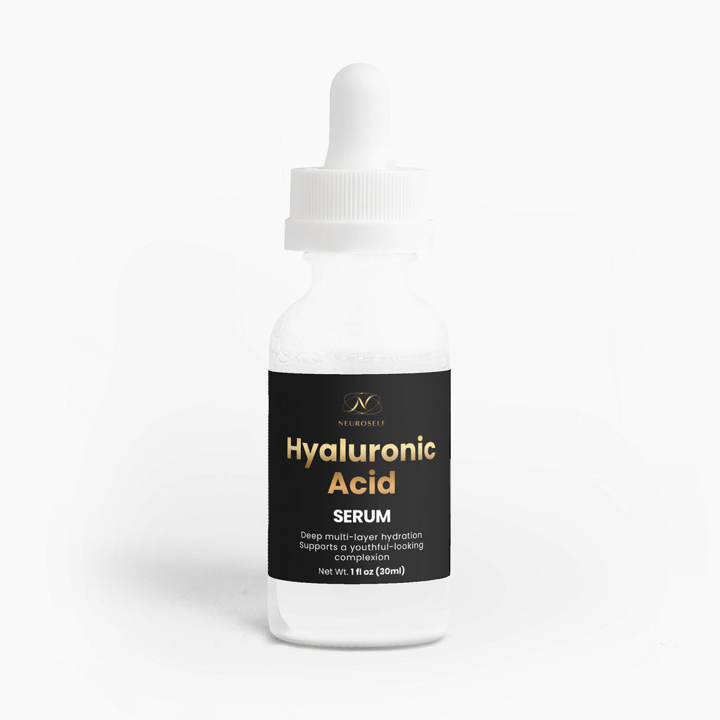 NeuroSelf Hyaluronic Acid Serum for facial skin care, featuring clear glass bottle with dropper and serum inside.
