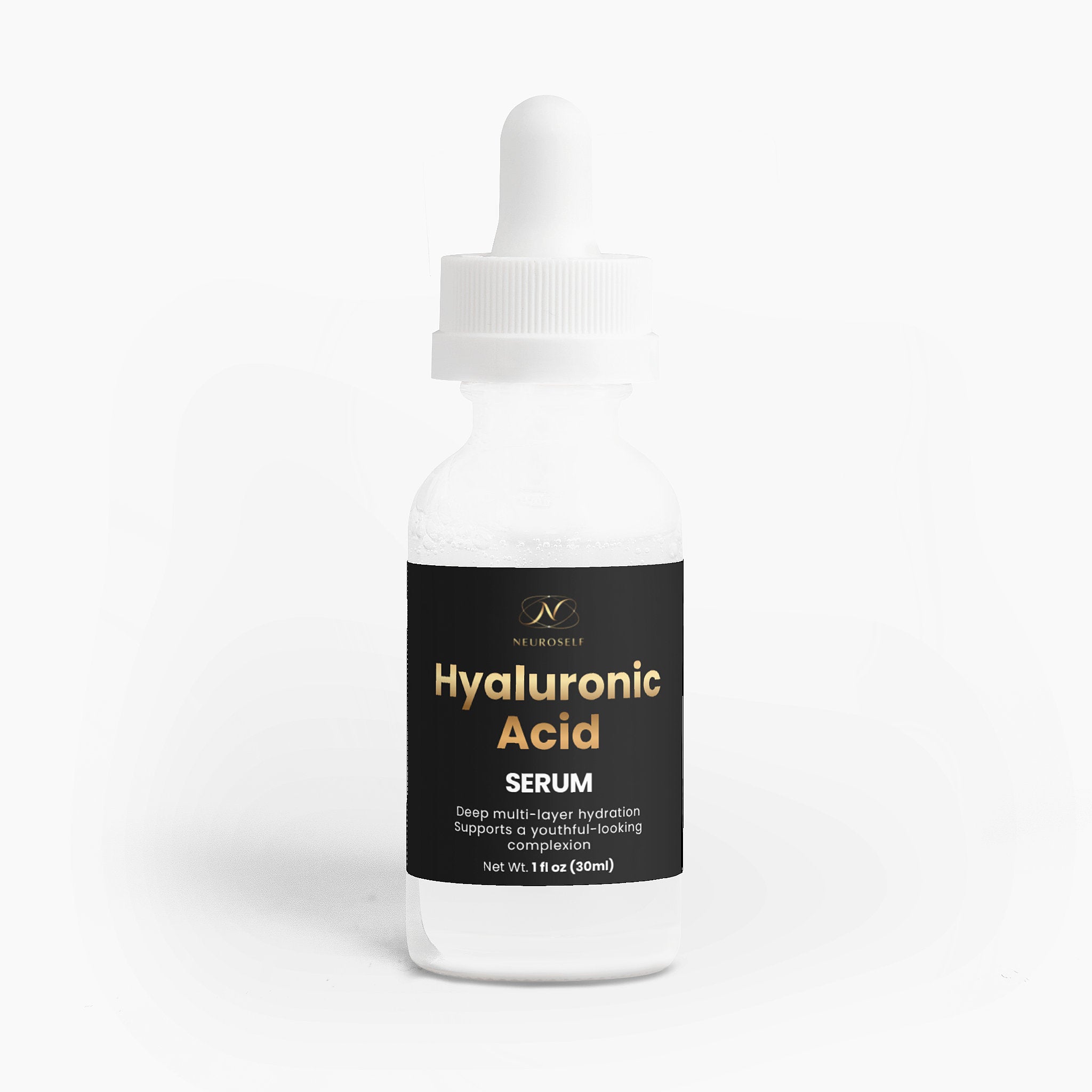 NeuroSelf Hyaluronic Acid Serum for facial skin care, featuring clear glass bottle with dropper and serum inside.