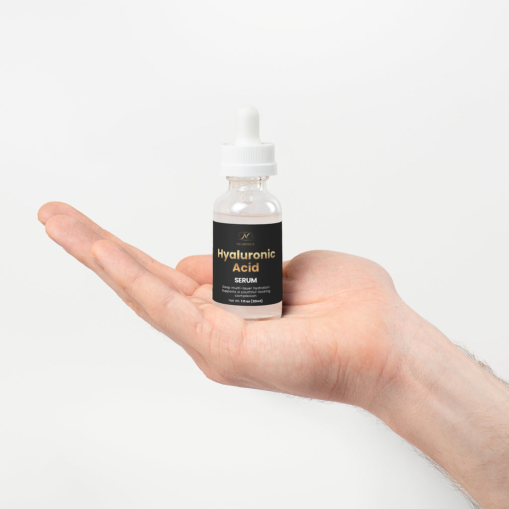 NeuroSelf Hyaluronic Acid Serum facial care product bottle with label, showcasing clear liquid and dropper for skincare hydration.