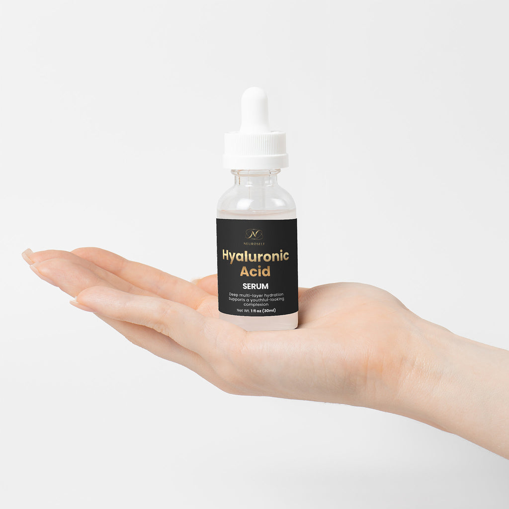 NeuroSelf Hyaluronic Acid Serum for facial care, showing the product bottle with a clean label and dropper applicator.