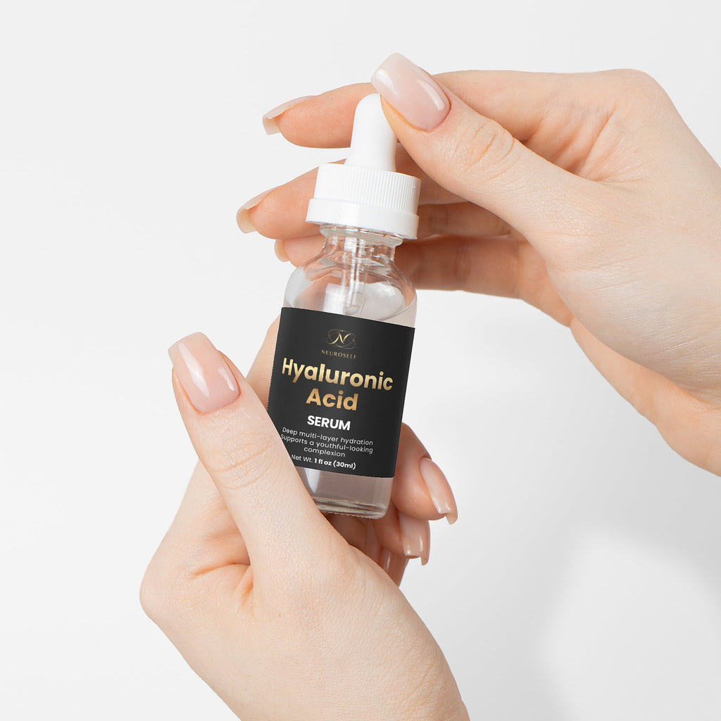 NeuroSelf Hyaluronic Acid Serum for facial care, showing the product bottle with a clean label and dropper applicator.