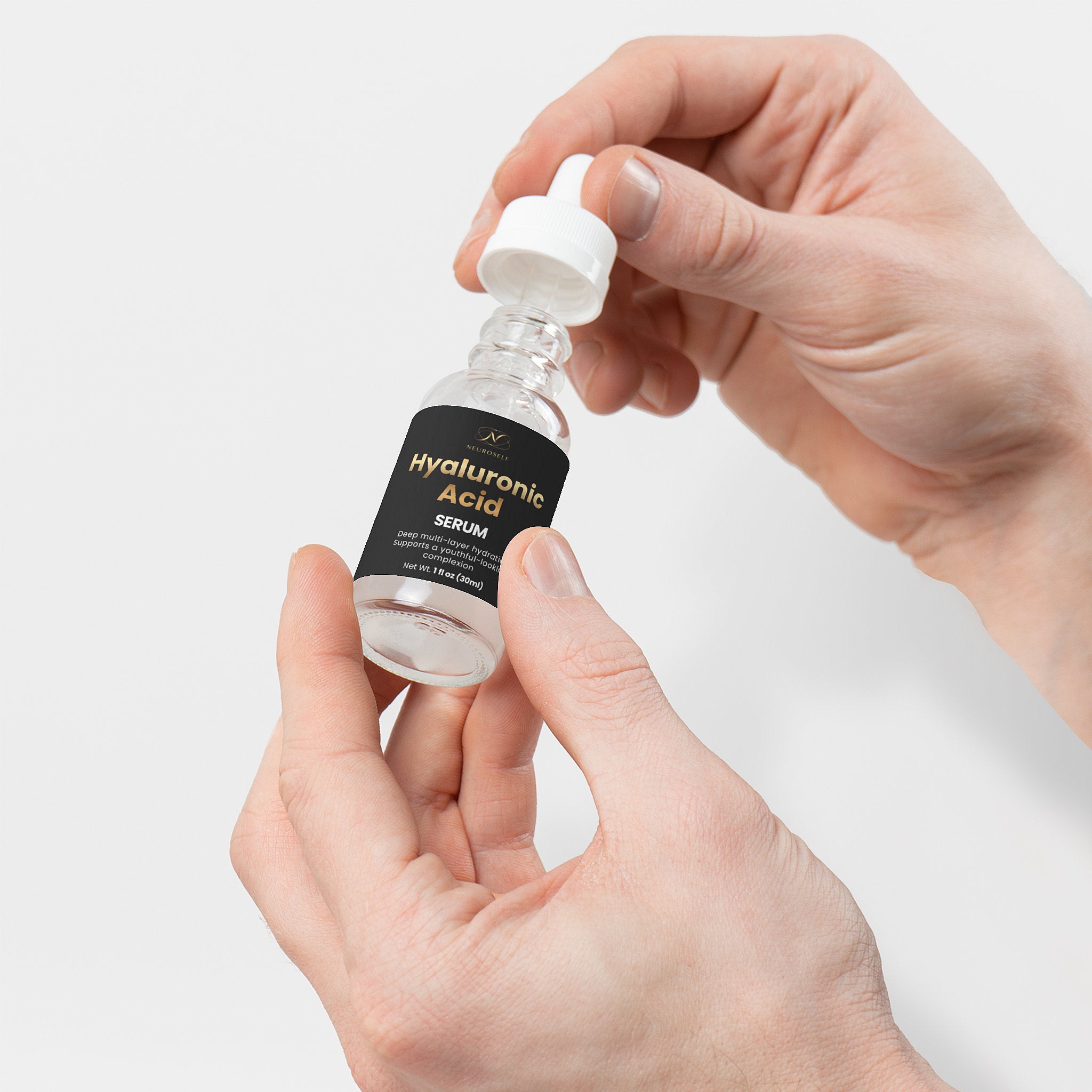 NeuroSelf Hyaluronic Acid Serum facial care product with clear dropper bottle and label, highlighting hydration and skin nourishment.