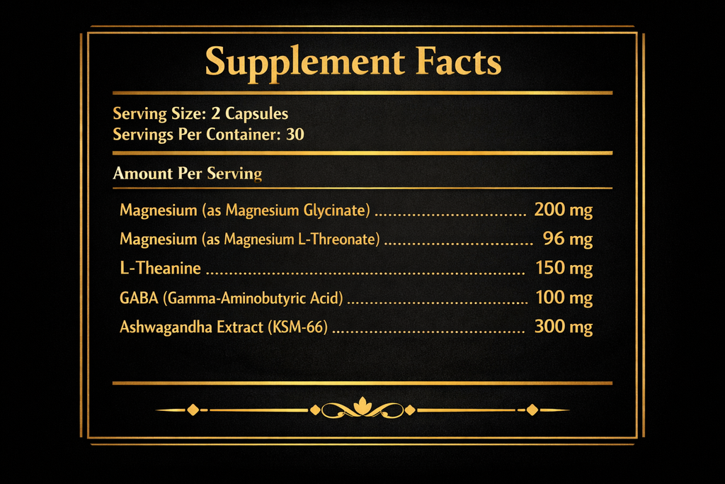 NeuroSelf Night supplement facts label in gold and black, displaying ingredient details and nutritional information.